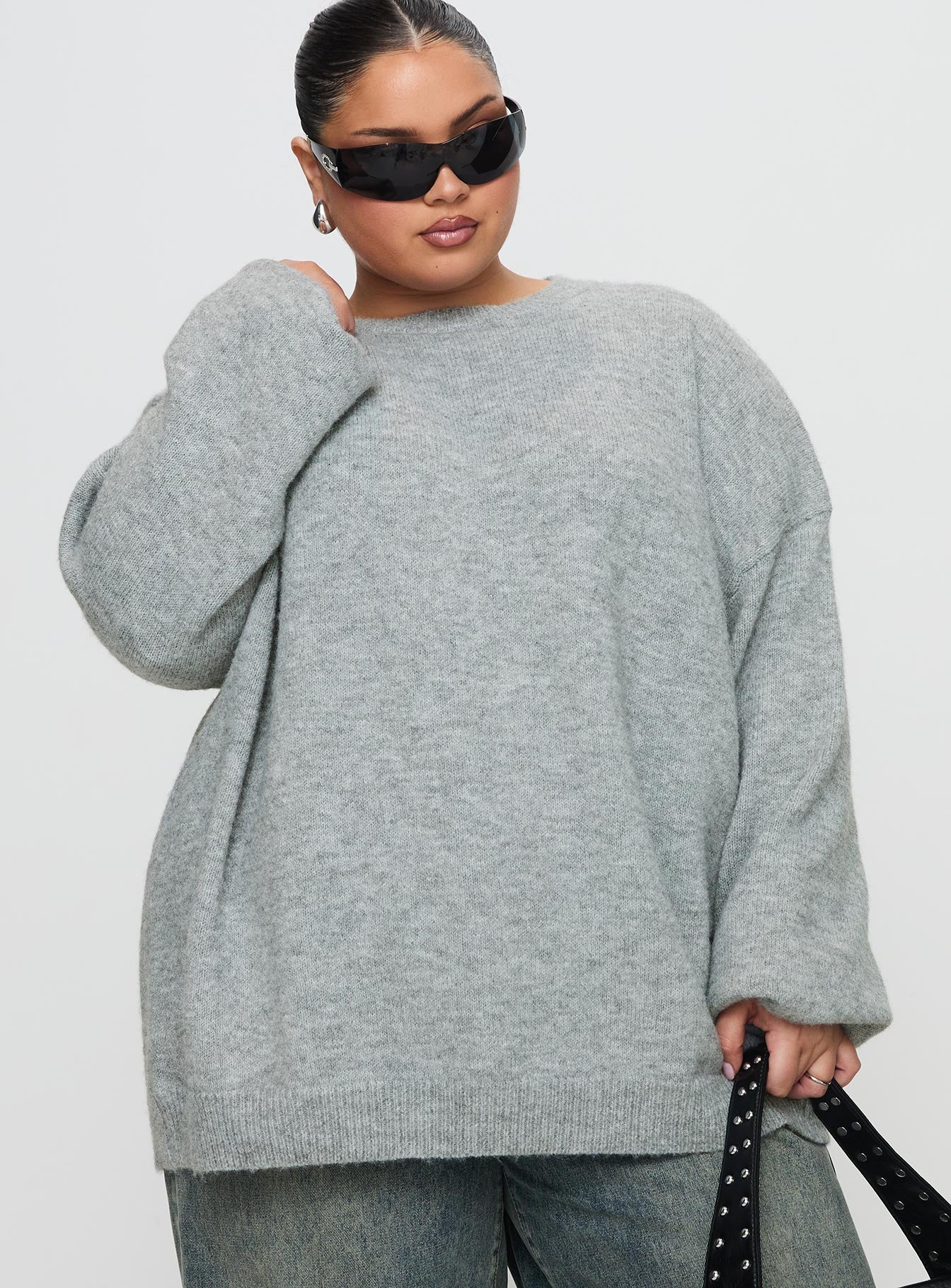 front view of model wearing Princess Polly Ryanna Sweater Grey Curve Long 