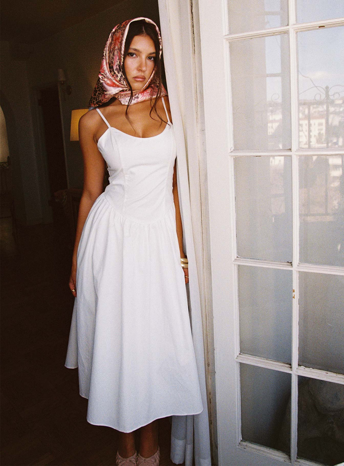 side view of model wearing Princess Polly Such A Wallflower Midi Dress White Scoop Neck 