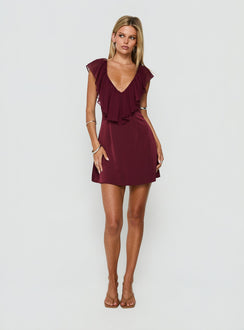 Madibelle V Neck Frill Mini Dress Wine