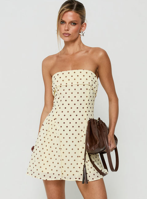 Dalona Strapless Drop Waist Mini Dress Yellow Polka Dot