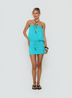 Upper Echelon Draped Strapless Mini Dress Cyan