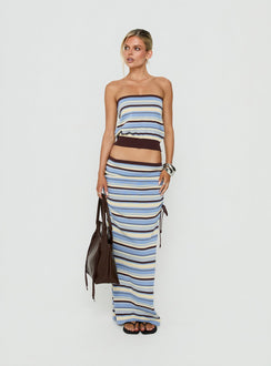 Featuring the Osamie Knit Drawstring Maxi Skirt Multi Stripe in womens-skirts with ruched details and fitted silhouette front view of model wearing Princess Polly
