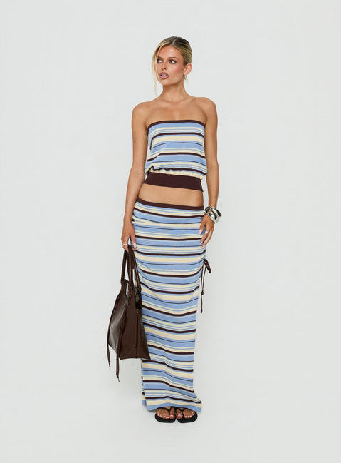 Featuring the Osamie Knit Drawstring Maxi Skirt Multi Stripe in womens-skirts with ruched details and fitted silhouette front view of model wearing Princess Polly