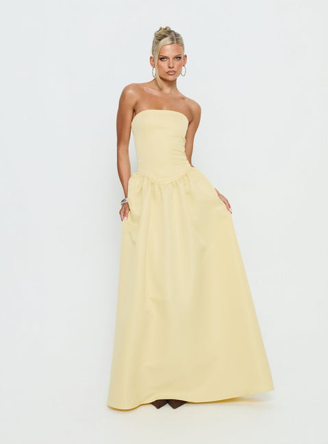 Soft Bloom Drop Waist Strapless Maxi Dress Yellow