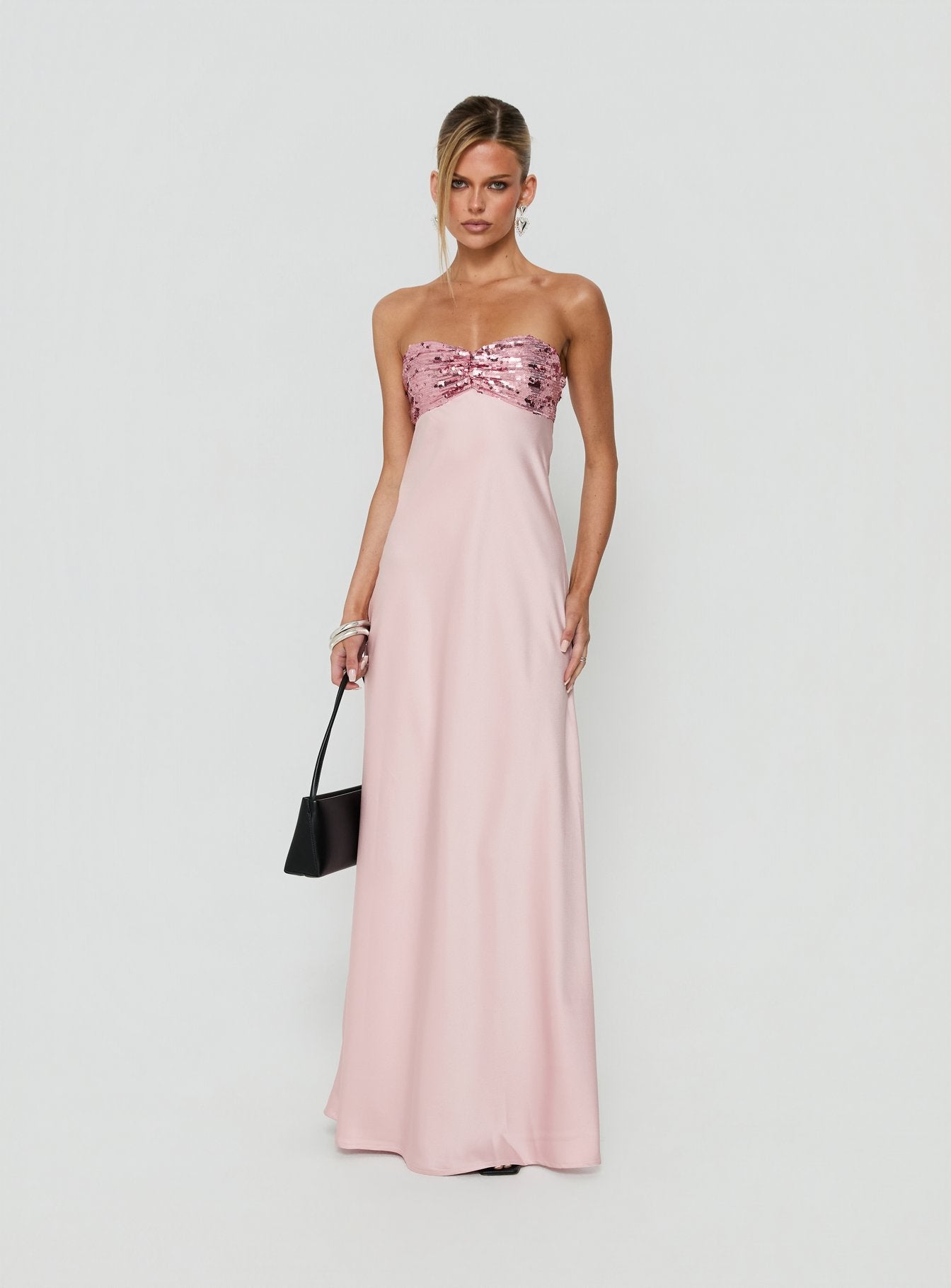 See The Vision Sequin Bust Strapless Maxi Dress Pink