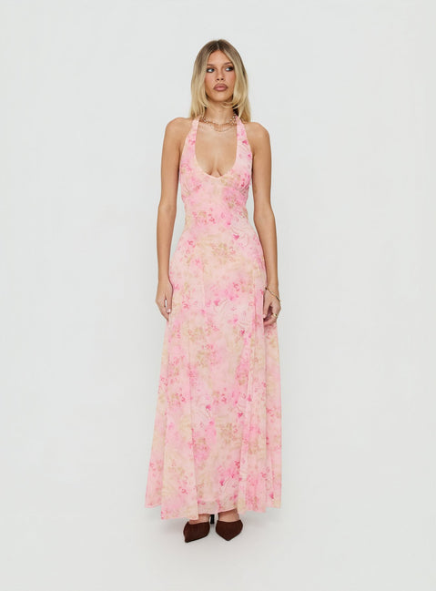Dandelions Halter Maxi Dress Pink Floral