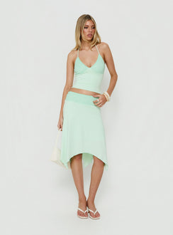 Showcasing the Natabelle Lace Detail Midi Skirt in Mint, a womens-skirts piece with asymmetry and fitted fit Princess Polly