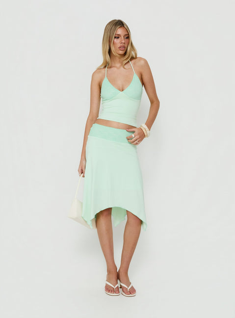 Showcasing the Natabelle Lace Detail Midi Skirt in Mint, a womens-skirts piece with asymmetry and fitted fit Princess Polly