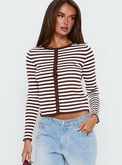 front view of model wearing Princess Polly Elcie Button Up Cardigan Brown Stripe Cropped Jumpers 