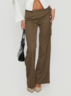 front view of model wearing Princess Polly Cedrina Eyelet Fitted Suit Pants Green Pinstripe Low Rise Pants 