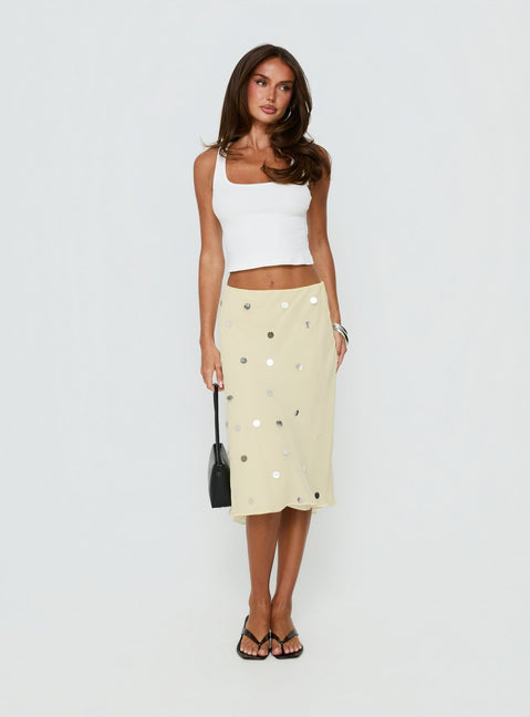   front view of model wearing Princess Polly Kessiah Sequin Midi Skirt Yellow Skirts 