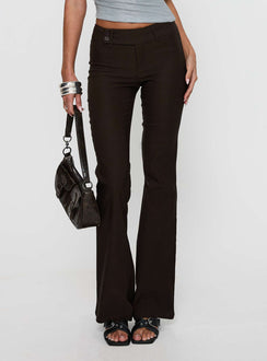 back view of model wearing Princess Polly Kinkirk Flared Pants Chocolate Petite Low Rise Pants 