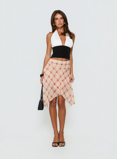   front view of model wearing Princess Polly Natana Asymmetrical Midi Skirt Multi Check 