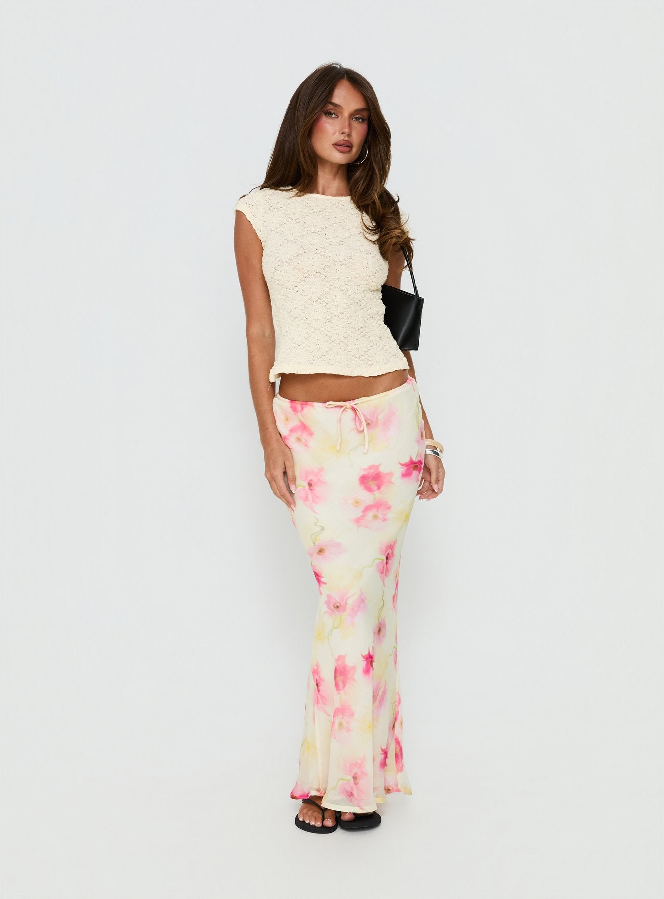   front view of model wearing Princess Polly Mercer Maxi Skirt Yellow Floral Maxi Skirts Skirts 