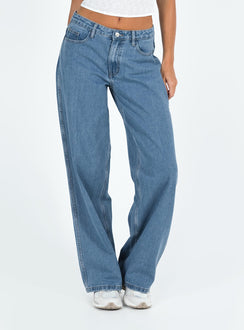 side view of model wearing Princess Polly Maryanne Mid-rise Relaxed Denim Jeans Mid Wash Denim Tall Mid Rise 