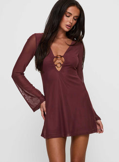 front view of model wearing Princess Polly Artique Long Sleeve Mini Dress Brown Plunger 