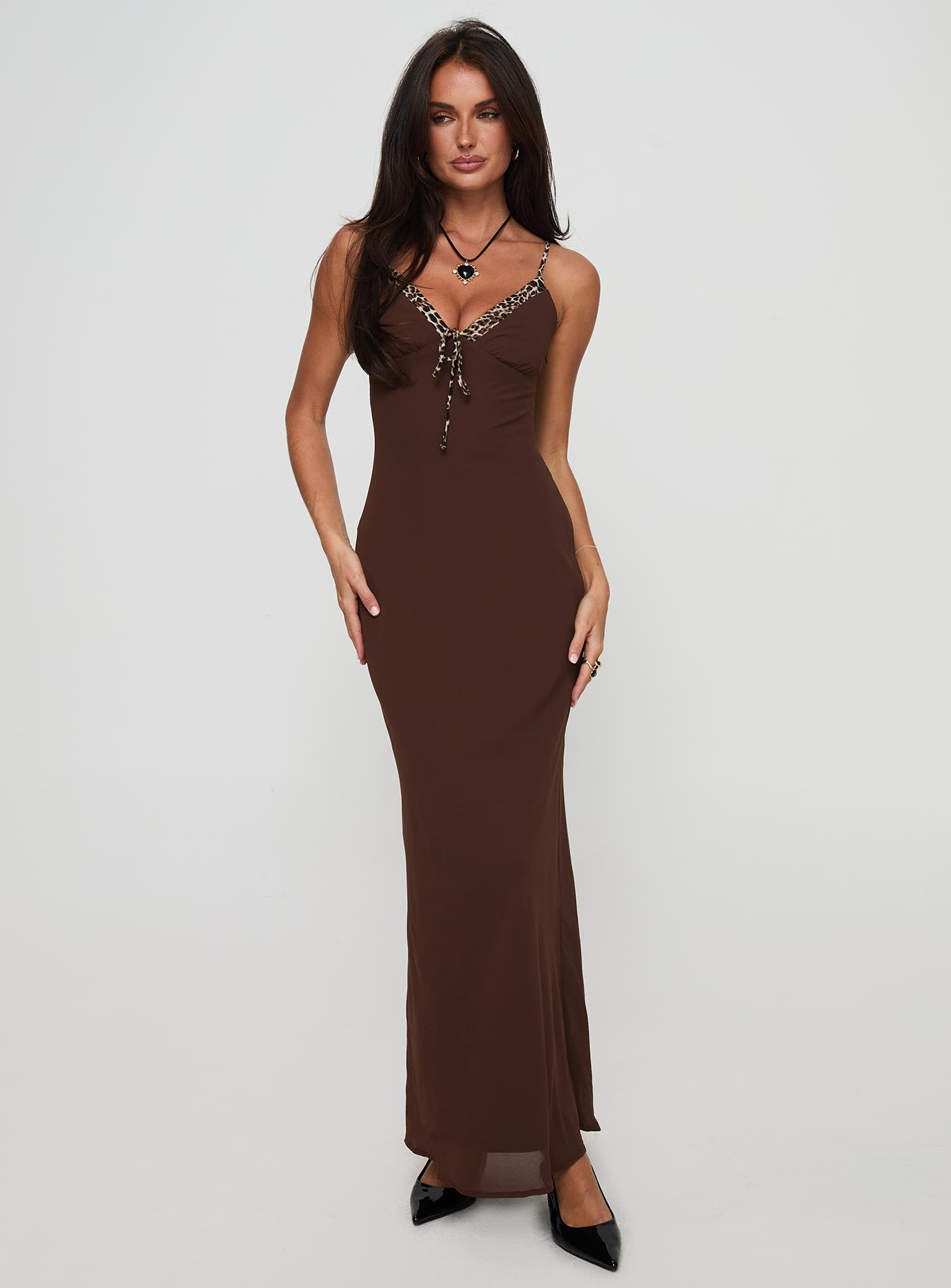 front view of model wearing Princess Polly Moorey Maxi Dress Brown Plunger 
