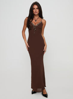front view of model wearing Princess Polly Moorey Maxi Dress Brown Plunger 