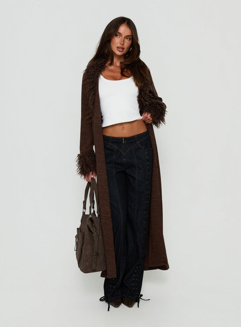 Marriah Longline Faux Fur Trim Cardigan Chocolate