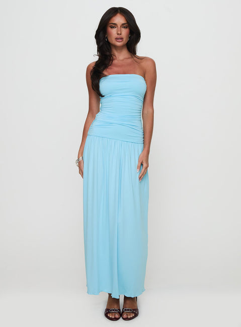 back view of model wearing Princess Polly Glorie Strapless Maxi Dress Light Blue Petite Straight Neck 