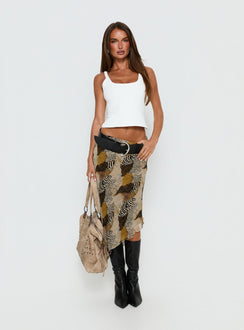   front view of model wearing Princess Polly Suella Asymmetrical Midi Skirt Animal Multi Midi Skirts 