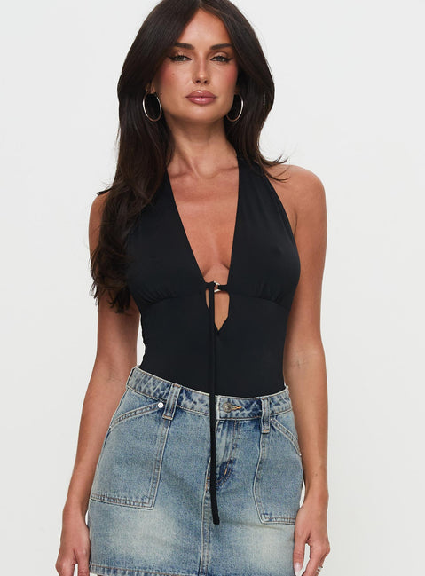 front view of model wearing Princess Polly Two Summers Plunge Neck Bodysuit Black Tall Sleeveless 