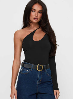 front view of model wearing Princess Polly Play Pretend One Sleeve Bodysuit Black Long Sleeve Tops 