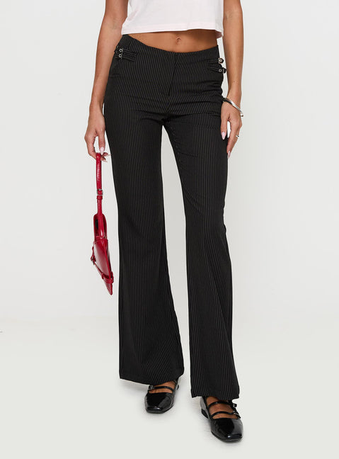 back view of model wearing Princess Polly Sympathiser Pinstripe Pants Black Low Rise Pants 