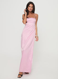 front view of model wearing Princess Polly Roselyn Maxi Dress Pink Straight Neck 