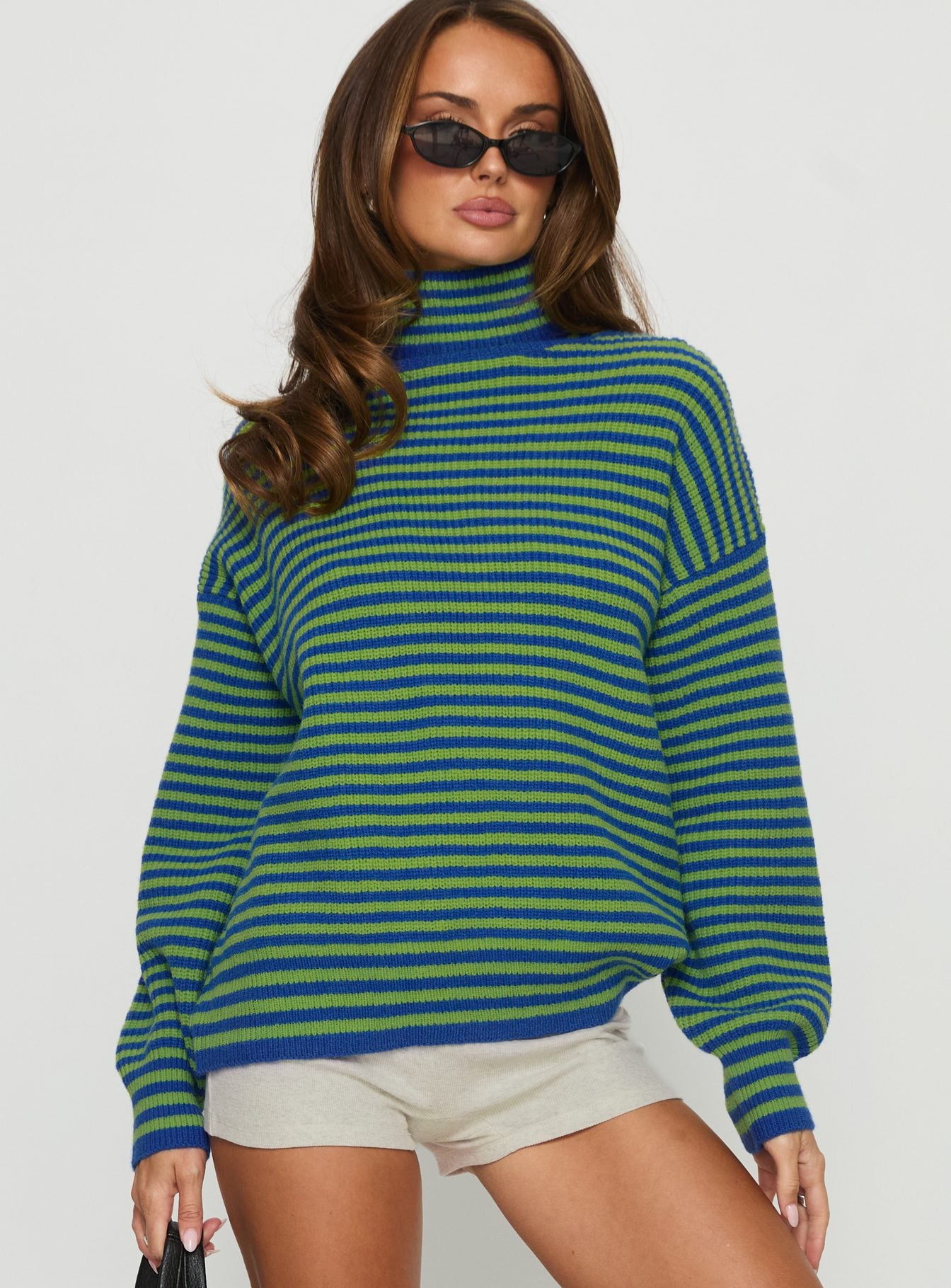 front view of model wearing Princess Polly Lancelot Turtle Neck Oversized Jumper Green Stripe Longline Jumpers 