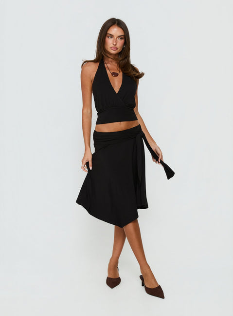   side view of model wearing Princess Polly Soft Focus Tie Waist Midi Skirt Black Midi Skirts 