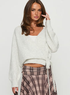 front view of model wearing Princess Polly Daelan Wrap Knit Cardigan Grey Marle Cropped Jumpers 