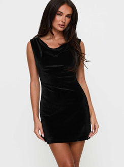 front view of model wearing Princess Polly Sauvage Cowl Mini Dress Black Cowl Neck 