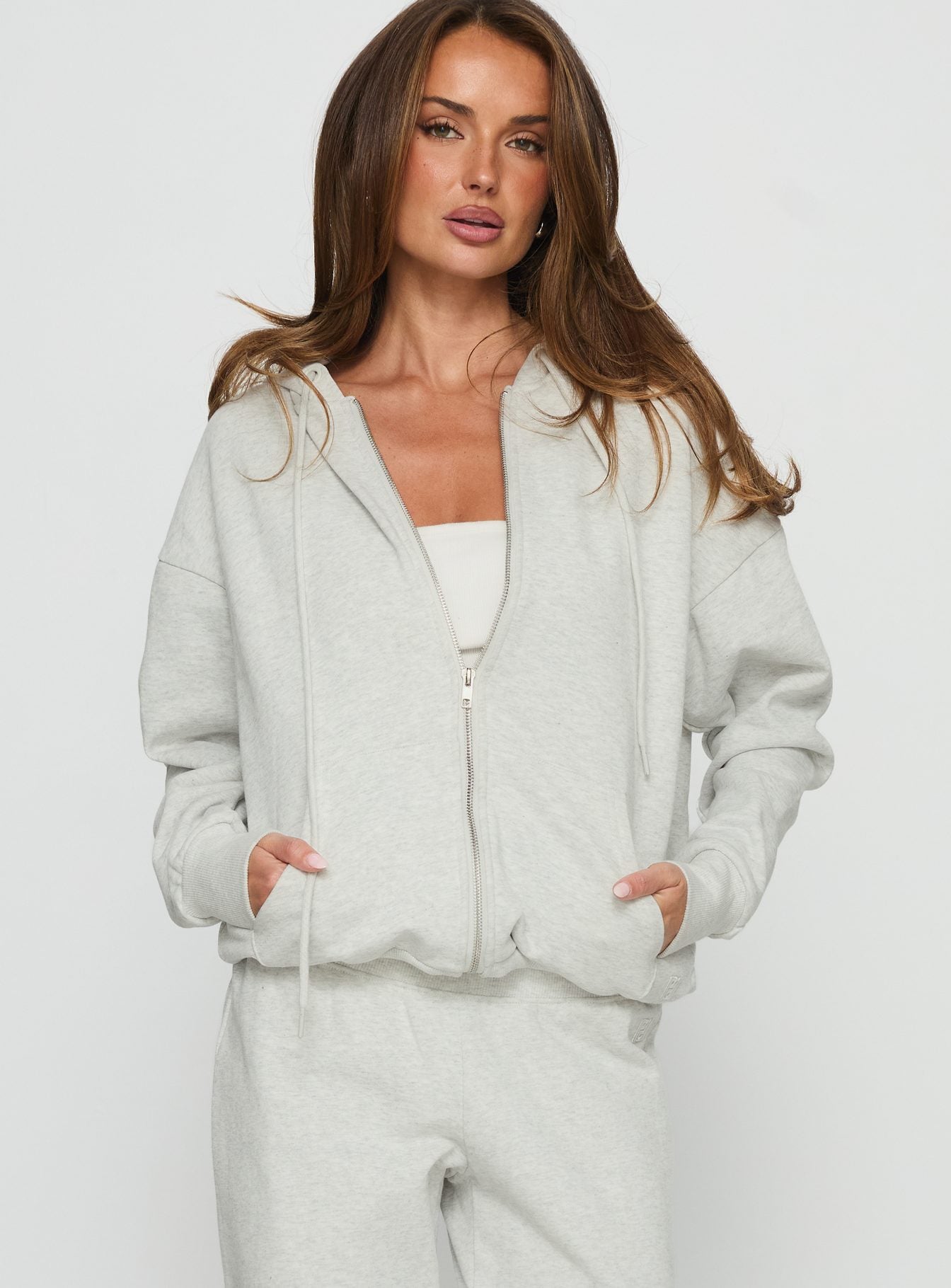 front view of model wearing Princess Polly All Day Oversized Hoodie Grey Marle cropped Jumpers 