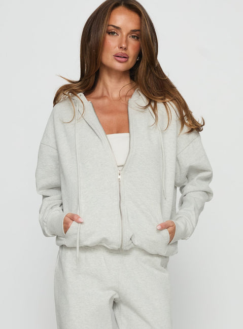 front view of model wearing Princess Polly All Day Oversized Hoodie Grey Marle cropped Jumpers 