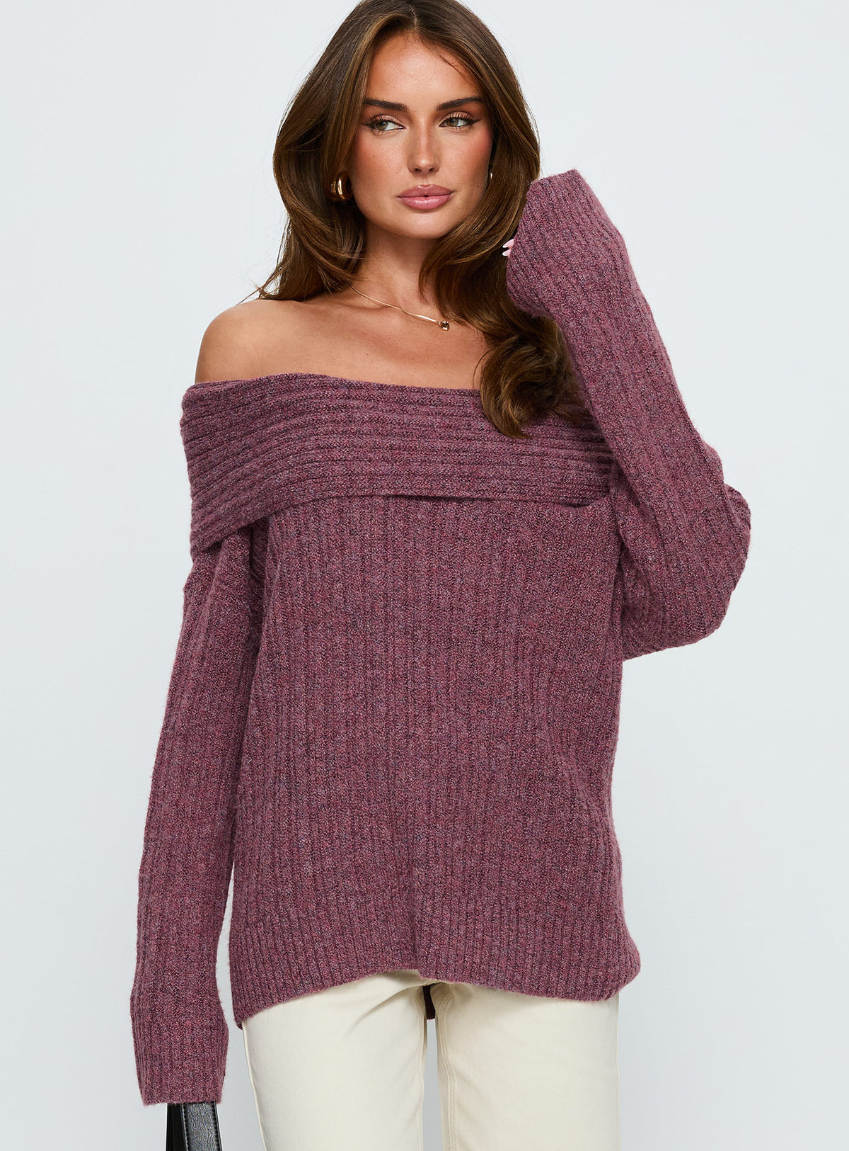 front view of model wearing Princess Polly Snowie Off Shoulder Knit Sweater Burgundy Longline Jumpers Jumpers 