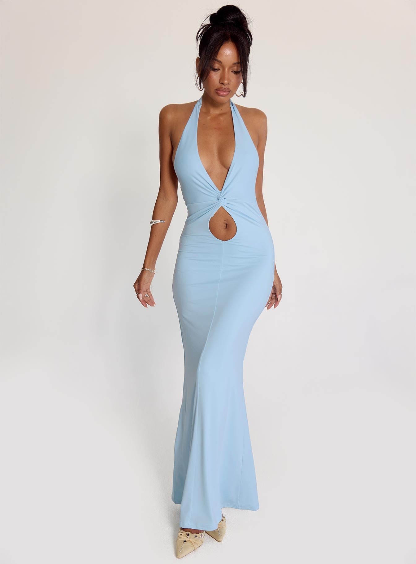 side view of model wearing Princess Polly No Hard Feelings Twist Maxi Dress Blue Plunger 