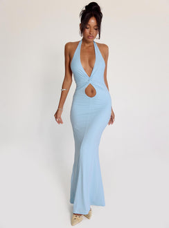 side view of model wearing Princess Polly No Hard Feelings Twist Maxi Dress Blue Plunger 