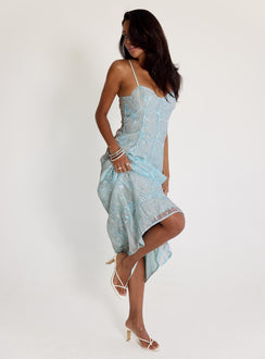 back view of model wearing Princess Polly Believe In Love Embroidered Maxi Dress Blue Sweetheart Neckline 