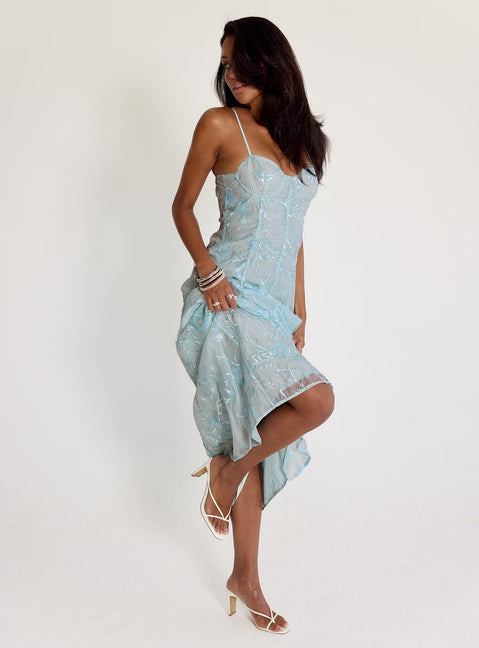 back view of model wearing Princess Polly Believe In Love Embroidered Maxi Dress Blue Sweetheart Neckline 