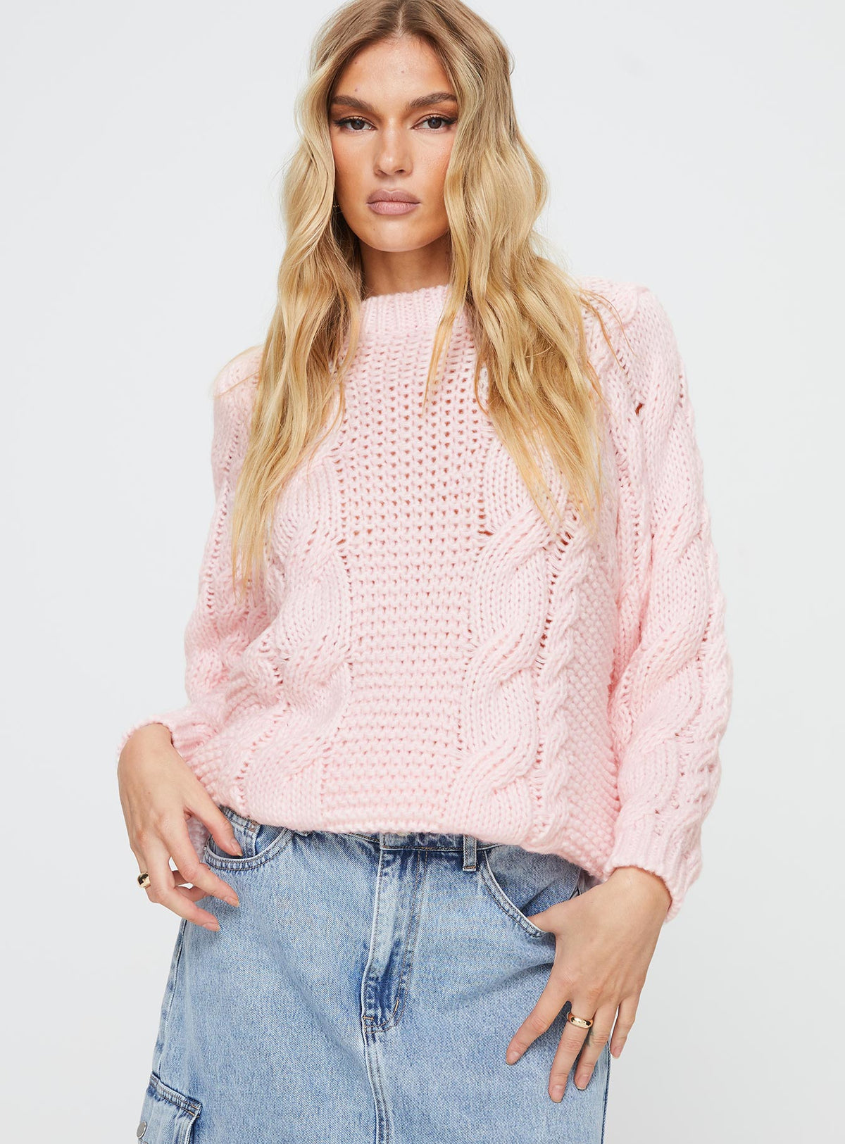 front view of model wearing Princess Polly Ellison Cable Knit Sweater Blush Pink Longline Jumpers 