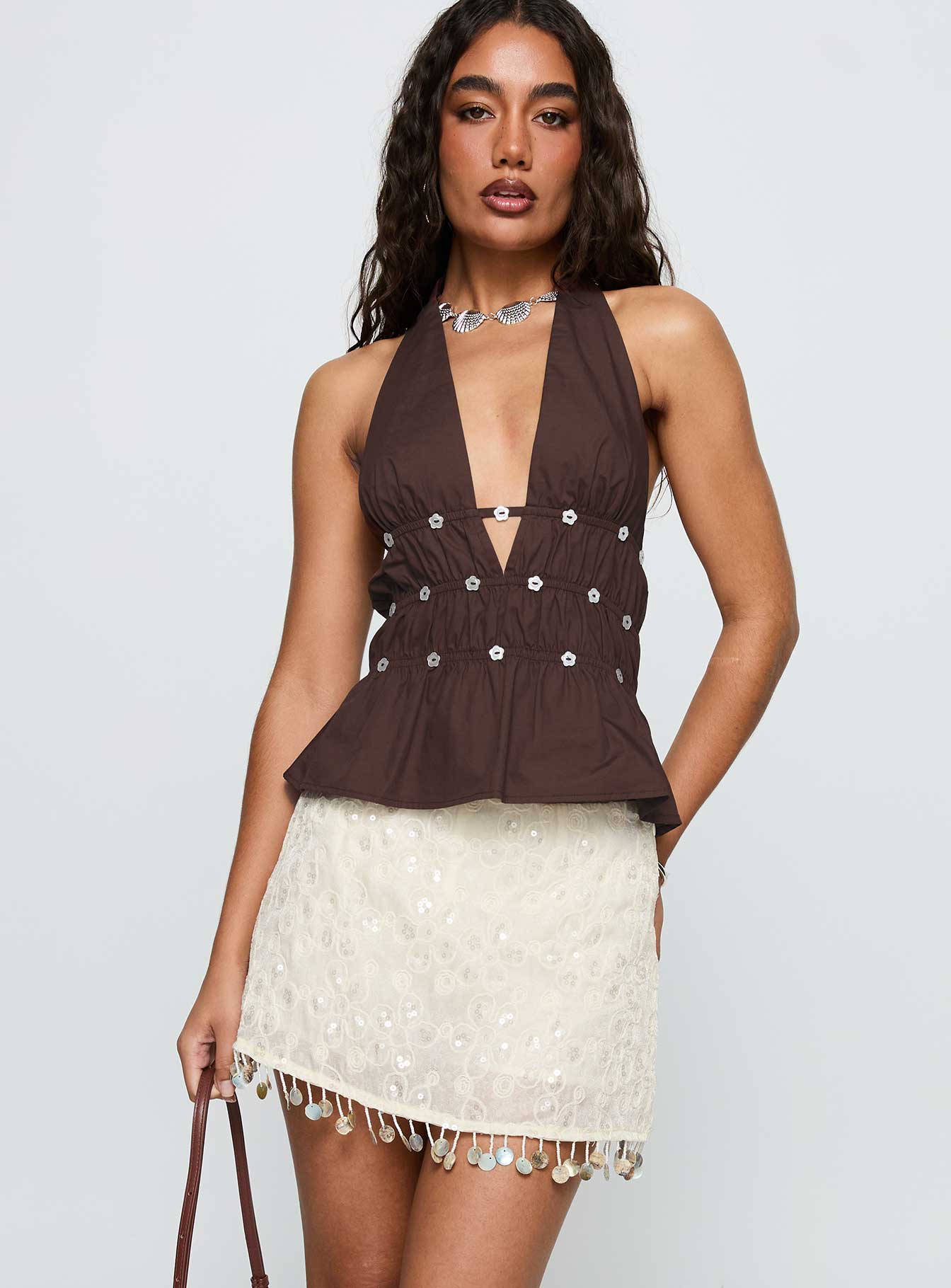 front view of model wearing Princess Polly We Made It Sequin Skort Cream High Waisted Shorts 