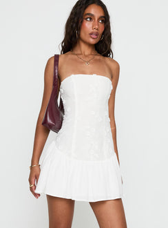 front view of model wearing Princess Polly Envie Strapless Mini Dress White Straight Neck 