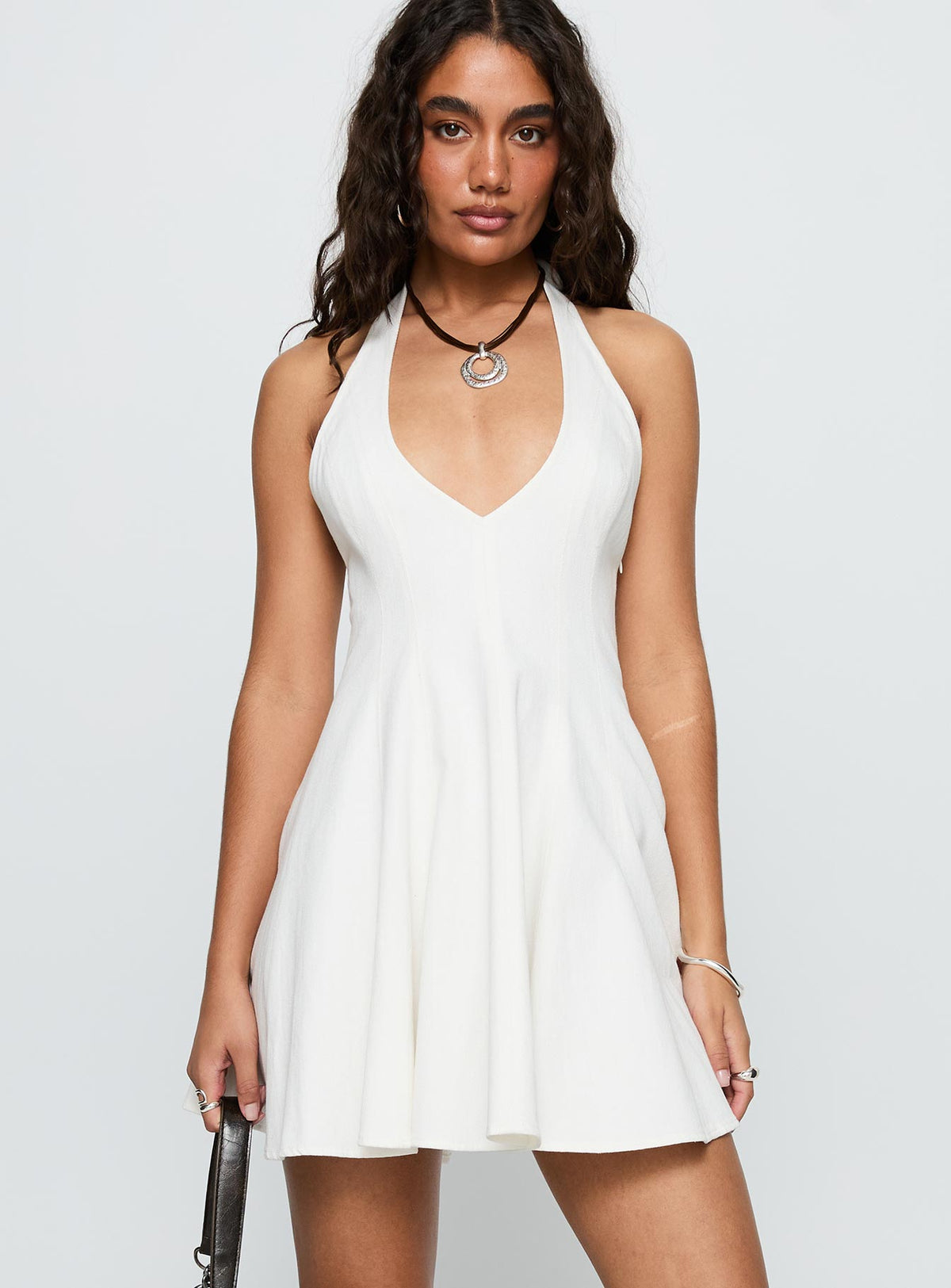 front view of model wearing Princess Polly Out Of Nowhere Halter Mini Dress White Plunger 