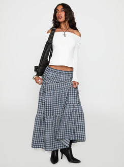   front view of model wearing Princess Polly Rockwell Tiered Midi Skirt Navy Check Maxi 