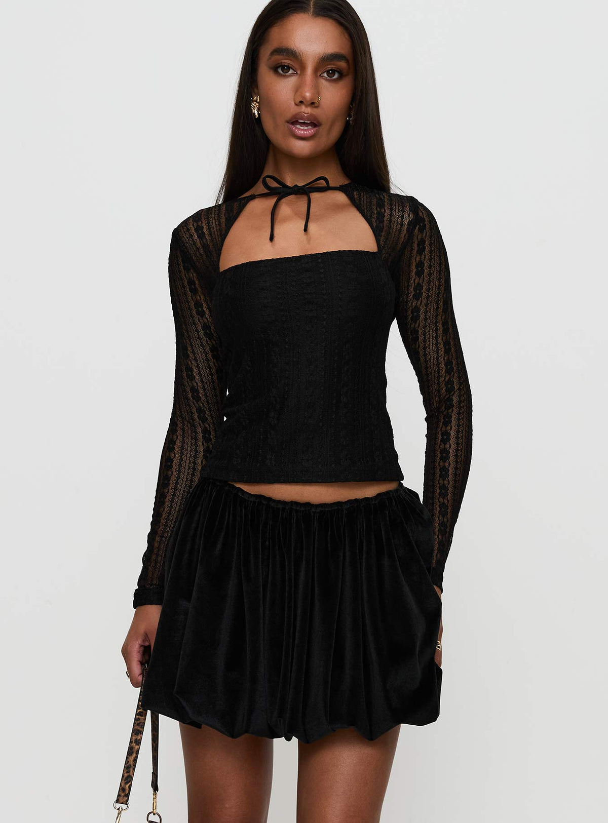   front view of model wearing Princess Polly Georgiana Bubble Hem Mini Skirt Black Mini Skirts 
