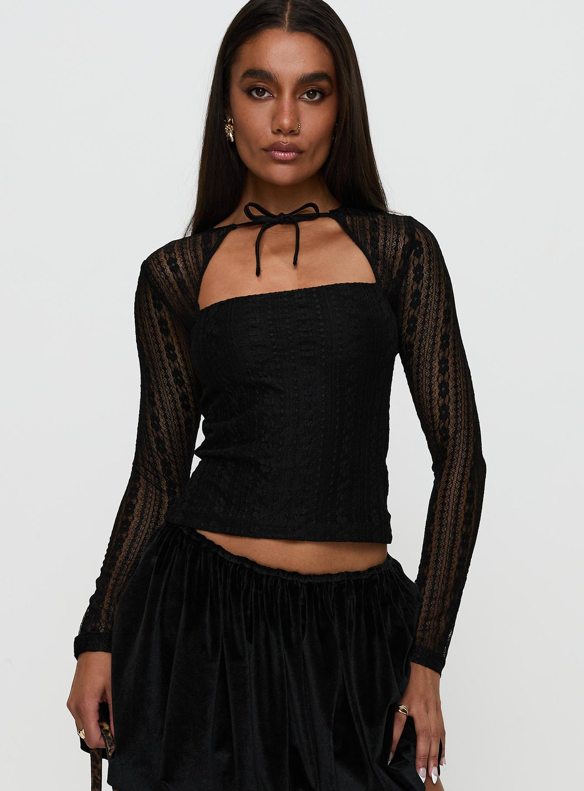 front view of model wearing Princess Polly Worth My Time Tie Neck Cut Out Top Black Full Sleeves High Neck 