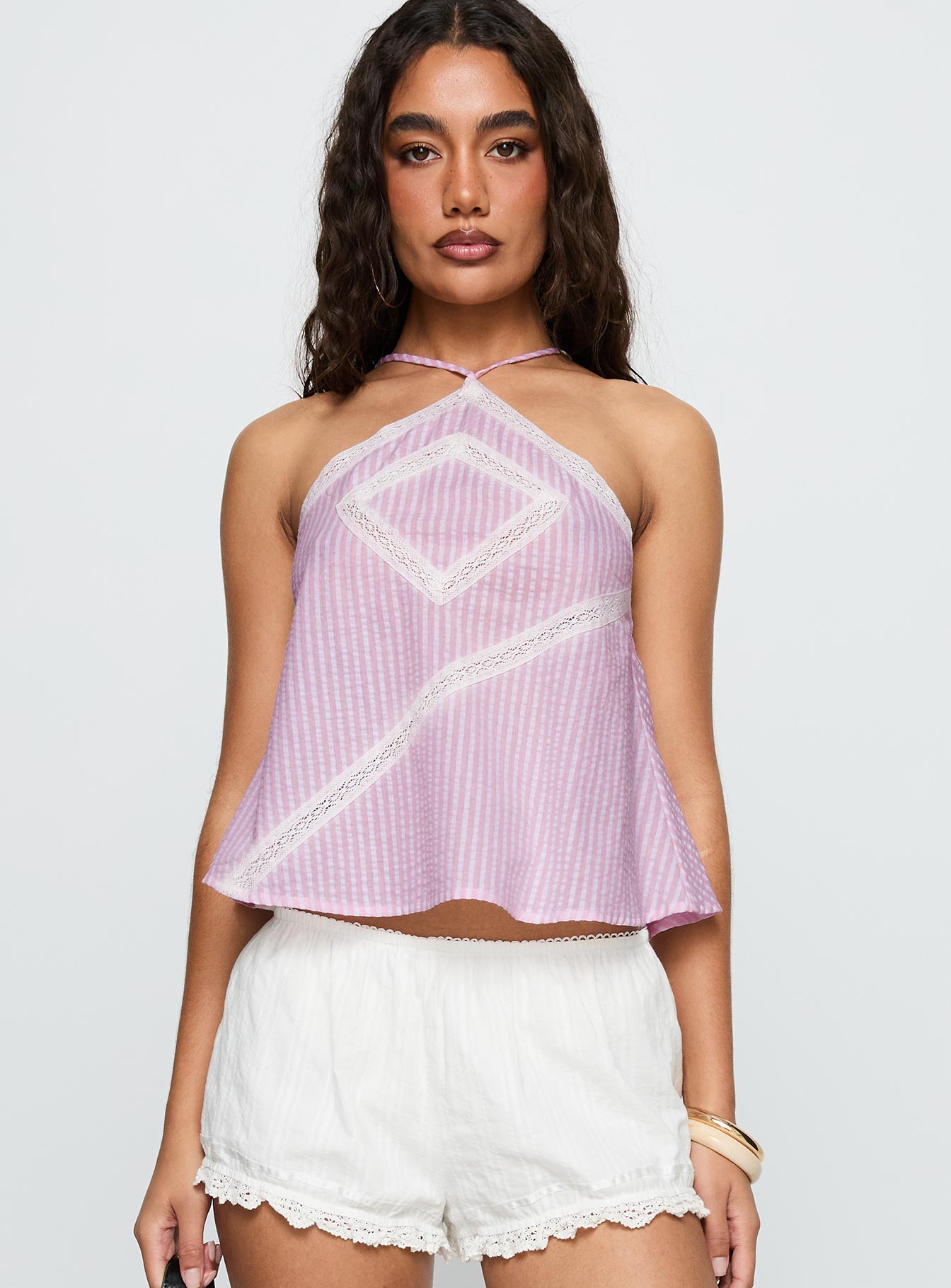 back view of model wearing Princess Polly Jezabele Halter Top Pink Stripe Sleeveless Asymmetric Neckline 