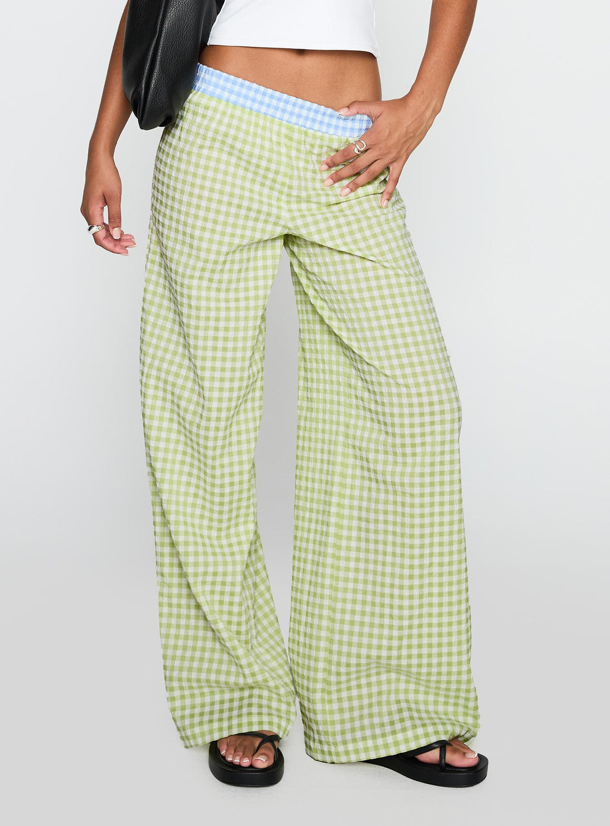 back view of model wearing Princess Polly Neevie Wide Leg Pants Green High Waisted Pants 