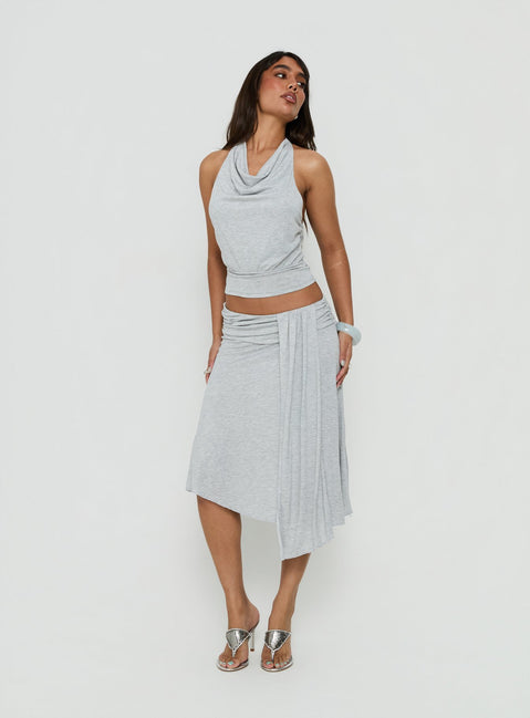 Showcasing the Iselda Draped Midi Skirt Grey Marle in womens-skirts with wrap detail and relaxed fit front view of model wearing Princess Polly